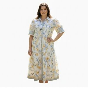 Crown & Ivy White Yellow Floral Tiered Midi Shirt Dress XXL